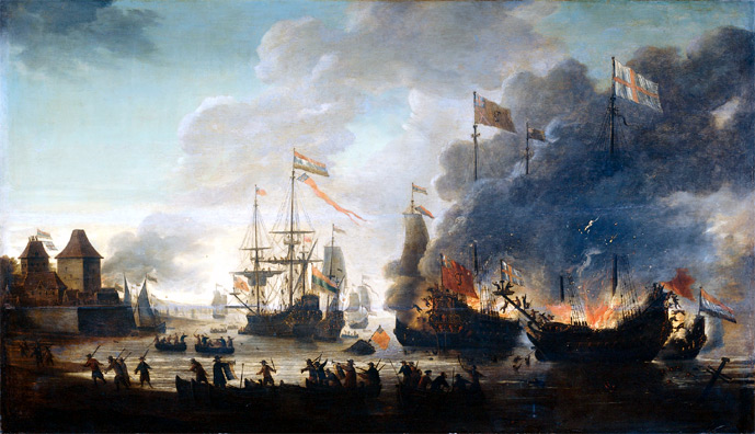 Cortes burns the ships on the coast of Mexico